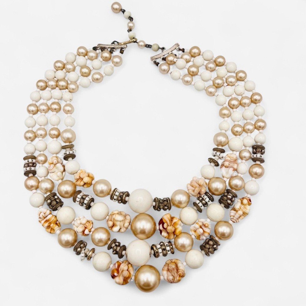 Vintage Coro Faux Pearl Glass Shell Gold Necklace 4 Strand Chunky‎ Pearls